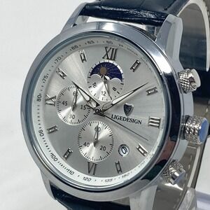 Lige Chronograph Watch Men 43mm Silver Tone Sun Moon Date 30M WR New Battery 9"